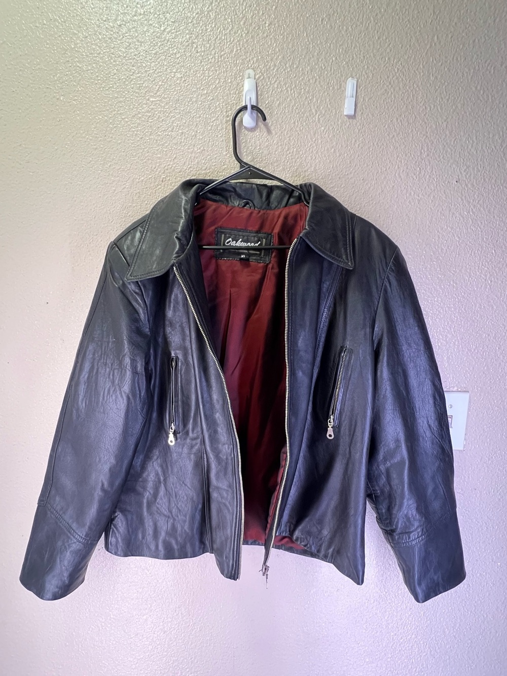 Oakwood Leather Zip Front Jacket in Black with Burgundy Lining